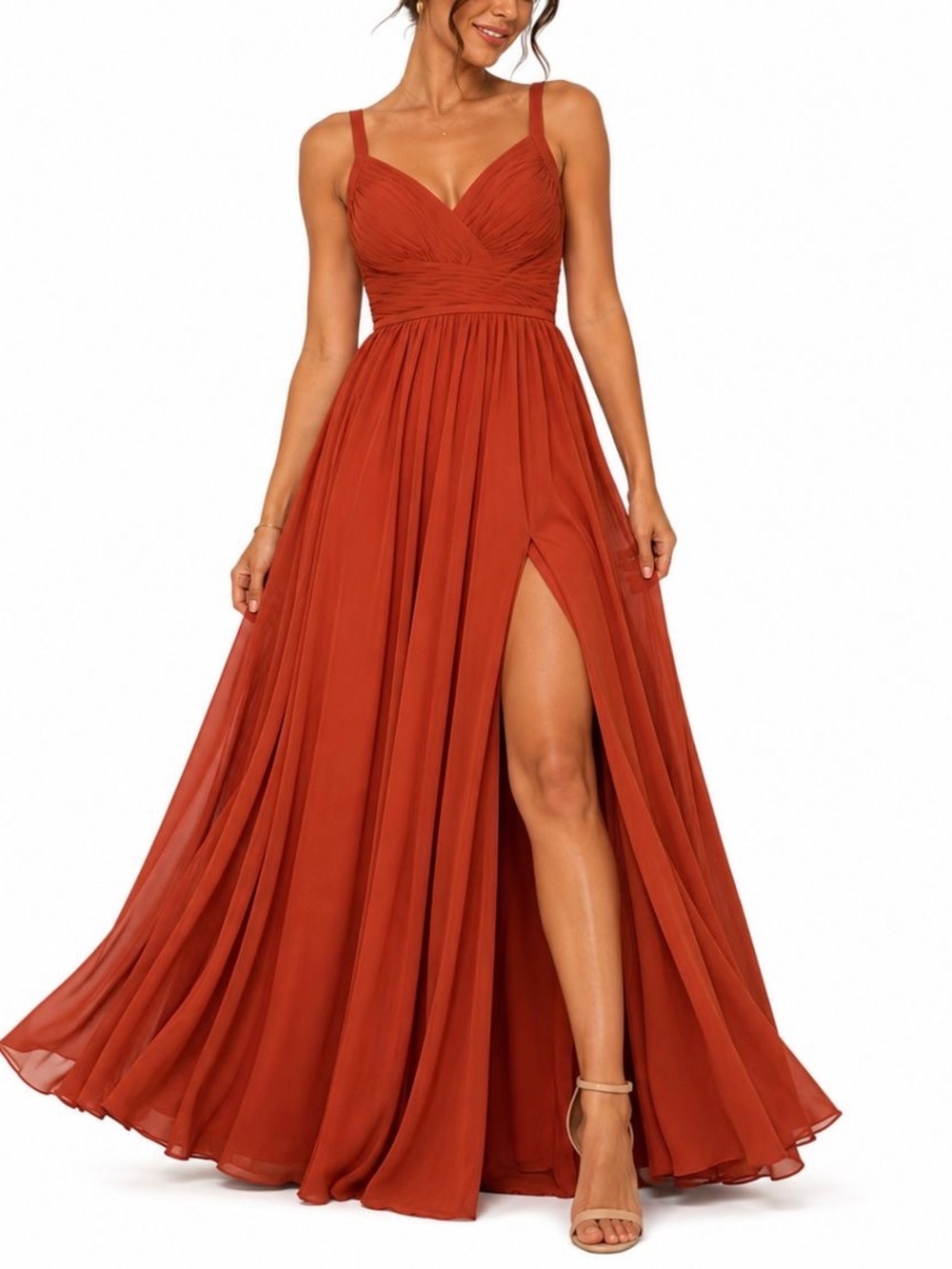 Azazie Atelier Rust Orange Chiffon Bridesmaid Gown 12 Sleeveless Maxi Dress Slit